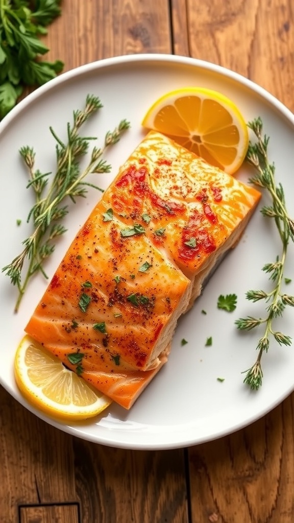 Baked Salmon Fillet Recipe Baked salmon fillet garnished with herbs and lemon on a white plate.